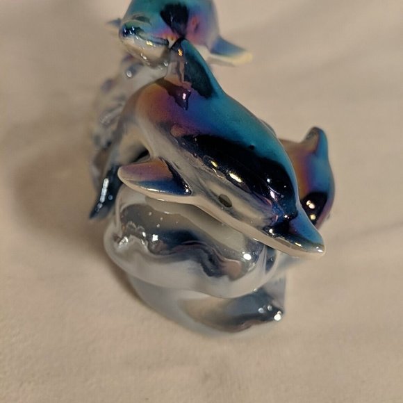 Vintage 3 Dolphin Figurine Sculpture Decor Iridescent Dolphins Waves Collectible - Picture 10 of 12